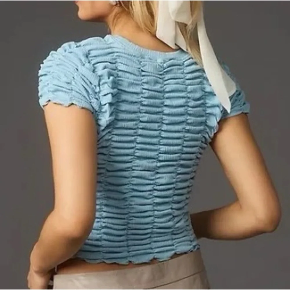 Anthropologie Light Blue Textured Crop Top - Picture 3 of 7